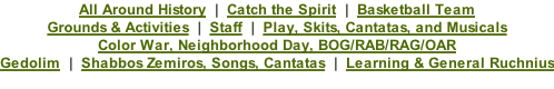 All Around History  |  Catch the Spirit  |  Basketball Team Grounds & Activities  |  Staff  |  Play, Skits, Cantatas, and Musicals Color War, Neighborhood Day, BOG/RAB/RAG/OAR Gedolim  |  Shabbos Zemiros, Songs, Cantatas  |  Learning & General Ruchnius
